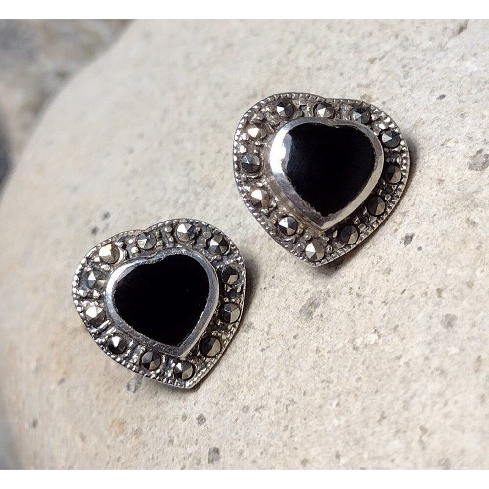 Vintage Sterling Silver Marcasite Black Onyx Heart Earrings